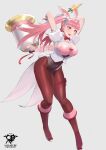  1girl absurdres alternate_costume animal_ears arms_up boots breasts cleavage covered_navel fake_animal_ears fake_tail fire_emblem fire_emblem:_three_houses hammer highres hilda_valentine_goneril holding holding_weapon kaos_art large_breasts open_mouth pantyhose pink_eyes pink_hair playboy_bunny rabbit_ears rabbit_tail red_pantyhose smile solo tail thigh_strap weapon 
