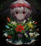  1girl bangs black_background blue_flower bouquet chromatic_aberration closed_mouth commentary_request flower flower_wreath grey_hair hair_between_eyes hair_flower hair_ornament highres leaf leftside119 looking_at_viewer original plant purple_flower red_eyes red_flower red_pupils ringed_eyes short_hair smile solo straight-on upper_body white_flower yellow_flower 