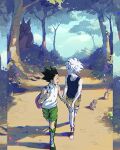  2boys alderion-al animal black_hair black_tank_top brown_shorts chromatic_aberration commentary_request forest gon_freecss green_shorts hand_grab highres hunter_x_hunter killua_zoldyck male_focus multiple_boys nature shadow shorts sleeveless sleeveless_turtleneck spanish_commentary tank_top tree turtleneck white_hair 