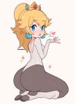  1girl absurdres ass black_pantyhose blonde_hair blowing_kiss blue_eyes blush cremanata crown earrings heart highres jewelry kneeling leotard looking_at_viewer mario_(series) pantyhose ponytail princess_peach ribbed_leotard ribbed_socks simple_background speech_bubble white_background 