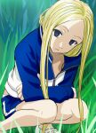  1girl arakawa_under_the_bridge blonde_hair blue_eyes breasts closed_mouth collarbone empty_eyes feet_out_of_frame grass haruyama_kazunori jacket kneeling long_hair looking_at_viewer nino_(arakawa) panties shoes shorts solo track_jacket underwear very_long_hair 