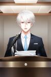  1boy bangs blue_necktie breast_pocket cheritz collared_shirt formal highres holding holding_paper lapels long_hair low_ponytail male_focus microphone necktie notched_lapels official_art open_mouth paper pocket red_eyes shirt solo suit susanghan_messenger teeth third-party_source white_hair zen_(susanghan_messenger) 