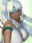  1girl bangs bare_shoulders blue_eyes blue_hair breasts chest_jewel cleavage_cutout closed_mouth clothing_cutout dark-skinned_female dark_skin dress forehead_jewel highres large_breasts long_hair looking_at_viewer oyasu_(kinakoyamamori) perun_(xenoblade) solo underboob upper_body very_long_hair white_dress white_sleeves xenoblade_chronicles_(series) xenoblade_chronicles_2 