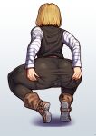  1girl absurdres android_18 ass ass_grab back belt black_pantyhose blonde_hair boots brown_footwear cameltoe dragon_ball from_behind grabbing_own_ass highres koohiitei_shinbo long_sleeves pantyhose shade shirt short_hair solo squatting 
