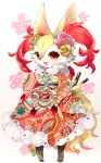  1girl animal_ear_fluff animal_ears animal_feet animal_nose barefoot black_fur blush body_fur braixen clothed_pokemon commentary english_commentary fang flower fox_ears fox_girl fox_tail full_body fur-trimmed_kimono fur_collar fur_trim furry furry_female hair_flower hair_ornament happy highres japanese_clothes kimono looking_at_viewer mixed-language_commentary mofu_(moffuri_sippo) multicolored_fur obi open_mouth pink_flower pink_rose pokemon pokemon_(creature) red_eyes red_kimono rose sash simple_background skin_fang sleeves_past_wrists smile solo standing stick tail traditional_media white_background white_fur wide_sleeves yellow_flower yellow_fur yellow_rose 