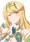  1girl bangs blonde_hair breasts circlet cleavage cleavage_cutout closed_mouth clothing_cutout dress elbow_gloves gloves hand_up kageyasu looking_at_viewer mythra_(xenoblade) simple_background smile smug solo swept_bangs upper_body white_background white_dress white_gloves xenoblade_chronicles_(series) xenoblade_chronicles_2 yellow_eyes 