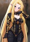  1girl absurdres alpha_(kage_no_jitsuryokusha_ni_naritakute!) artist_name black_bodysuit blonde_hair blue_eyes bodysuit breasts cleavage elf hand_on_own_chest highres kage_no_jitsuryokusha_ni_naritakute! large_breasts long_hair md5_mismatch nassss pointy_ears smile solo twitter_username v-shaped_eyebrows 