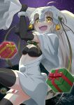  1girl absurdres bag bikini box breasts fate/grand_order fate_(series) gift gift_bag gift_box grey_hair headpiece highres hiku_hiku holding holding_bag jeanne_d&#039;arc_alter_(fate) jeanne_d&#039;arc_alter_santa_lily_(fate) long_hair looking_at_viewer open_mouth ribbon santa_bikini santa_costume smile solo swimsuit yellow_eyes 