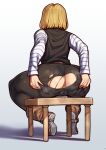  1girl absurdres android_18 anus ass ass_grab back belt bench black_pantyhose blonde_hair boots brown_footwear cameltoe dragon_ball from_behind grabbing_own_ass highres koohiitei_shinbo long_sleeves pantyhose shade shirt short_hair sitting solo torn_clothes torn_pantyhose 
