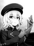  1girl absurdres adjusting_clothes adjusting_gloves alternate_costume bangs buttons cape closed_mouth curren_chan_(umamusume) double-breasted epaulettes gloves goom_(goomyparty) greyscale hat highres jacket long_sleeves looking_at_viewer military military_uniform monochrome peaked_cap short_hair smile solo twitter_username umamusume uniform upper_body 