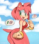  !? 1girl :d absurdres amy_rose ass backless_swimsuit blush bracelet breasts dollar_sign furry furry_female green_eyes hairband highres ichig8miruku jewelry large_breasts looking_back nervous_smile one-piece_swimsuit open_mouth outdoors pointing pointing_at_self prostitution red_hairband sideboob smile solo sonic_(series) speech_bubble spoken_interrobang sweat swimsuit thick_thighs thighs 