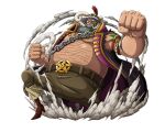  1boy beard boots broken_horn brown_footwear brown_pants byrnndi_world chain facial_hair fake_horns helmet horned_headwear horned_helmet horns jacket mustache one_piece one_piece_treasure_cruise open_clothes open_jacket pants punching sheep_horns sheriff_badge 