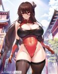  1girl ai-assisted aztodio bangs beidou_(genshin_impact) breasts brown_hair cameltoe cleavage covered_navel elbow_gloves genshin_impact gloves hair_ornament huge_breasts leotard long_hair looking_at_viewer outdoors red_eyes smile solo thick_thighs thighhighs thighs 
