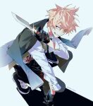  1boy ascot black_ascot black_footwear black_gloves black_pants blonde_hair blood blood_on_clothes collared_shirt eyes_visible_through_hair fate/grand_order fate_(series) full_body glint gloves grey_vest grin hair_between_eyes half_gloves highres holding holding_knife jacket jacket_on_shoulders jekyll_and_hyde_(fate) knife looking_at_viewer male_focus open_clothes open_vest pants red_eyes seiya_ingen sharp_teeth shirt short_hair simple_background smile solo spiked_hair squatting suspenders teeth vest white_background white_shirt 