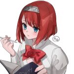  1girl ark_royal_(kancolle) bangs blue_eyes blush bob_cut book bow bowtie closed_mouth commentary_request diary holding holding_book holding_pen kantai_collection long_sleeves mizoredama1 pen red_bow red_bowtie red_hair short_hair simple_background solo tiara upper_body white_background 