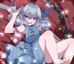  1girl barefoot blue_dress blue_hair curly_hair detached_sleeves dress earrings eye_print highres horizontal_pupils horn_ornament horn_ribbon horns jewelry legs meandros ougi_hina oversized_object patterned_clothing pink_eyes pointy_ears rectangular_pupils red_horns red_sleeves ribbon sharp_teeth sheep_horns solo teeth toes touhou toutetsu_yuuma utensil 