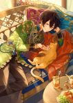  1boy bangs black_hair black_pants bracelet cat closed_mouth clothing_request commentary cup drinking_glass ensemble_stars! fingernails flower food fruit glass_teapot grapes high_collar jewelry long_sleeves lying male_focus on_chair on_side pants pillow red_eyes ring sakuma_ritsu seuga short_hair solo spoon teapot 