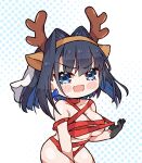  1girl :d animal_ears arm_between_legs black_hair blue_eyes blue_hair blush_stickers bound bow bow_earrings breasts chibi colored_inner_hair commentary deer_ears earrings english_commentary fake_animal_ears fake_antlers fang highres hololive hololive_english jewelry kukie-nyan large_breasts looking_at_viewer multicolored_hair naked_ribbon open_mouth ouro_kronii ribbon ribbon_bondage short_hair skin_fang smile solo v-shaped_eyebrows virtual_youtuber wrapped_up 