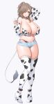  1girl absurdres animal_ears animal_print arm_behind_head bikini black_panties boots breasts brown_hair commission cow_ears cow_girl cow_horns cow_print cow_tail detached_sleeves gradient_hair grey_eyes hair_over_one_eye high_heel_boots high_heels highres horns huge_breasts looking_at_viewer multicolored_hair navel original panties short_shorts shorts simple_background skeb_commission skindentation smile solo suruga_(xsurugax) swimsuit tail thick_thighs thighs two-tone_hair unbuttoned underwear white_background 