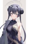  1girl absurdres bangs bare_shoulders black_dress black_hair blue_archive blue_eyes breasts butterfly_hair_ornament china_dress chinese_clothes closed_mouth double_bun dragon_print dress hair_bun hair_ornament halo highres jacket kisaki_(blue_archive) long_hair looking_at_viewer medium_breasts nohohon_neko print_dress solo striped striped_jacket twintails vertical-striped_jacket vertical_stripes 