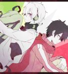  2boys arrow_(symbol) back-to-back bangs black_hair black_shirt casual collared_jacket dutch_angle fetal_position from_side green_background grey_pants hair_between_eyes hand_on_own_leg headphones hugging_own_legs jacket kagerou_project kisaragi_shintarou konoha_(kagerou_project) long_bangs long_sleeves looking_at_another looking_back mekakucity_actors multicolored_background multiple_boys pants pink_eyes pink_jacket popped_collar red_background red_scarf scarf shirt short_hair strawberrya_mg track_jacket two-tone_shirt white_background white_hair white_pants white_shirt 