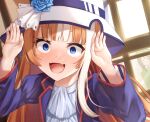  2girls akikawa_yayoi_(umamusume) blue_eyes blush bunny_pose commentary_request curtains dancing hands_up hat hayakawa_tazuna horse_girl long_hair looking_at_viewer merxkialis multicolored_hair multiple_girls open_mouth orange_hair peeking_out solo_focus table two-tone_hair umamusume umapyoi_densetsu when_you_see_it white_hair window 