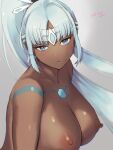  1girl 2021 bangs bare_shoulders blue_eyes blue_hair breasts chest_jewel closed_mouth dark-skinned_female dark_skin dated forehead_jewel grey_background highres large_breasts long_hair looking_at_viewer nipples oyasu_(kinakoyamamori) perun_(xenoblade) solo upper_body very_long_hair xenoblade_chronicles_(series) xenoblade_chronicles_2 