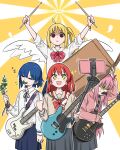  +_+ 4girls angel_wings blonde_hair blue_hair blur_censor bocchi_the_rock! censored commentary_request drumsticks eating fake_facial_hair fake_mustache feathers gotou_hitori guitar halo holding holding_instrument ijichi_nijika instrument kita_ikuyo loboxiao middle_finger multiple_girls pink_hair red_hair selfie_stick sleeping sleeping_upright sparkle star-shaped_eyewear sunglasses weeds white_feathers wings yamada_ryou zzz 