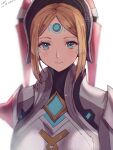  1girl 2021 agate_(xenoblade) bangs blonde_hair blue_eyes breasts chest_jewel closed_eyes dated forehead_jewel hat highres looking_at_viewer medium_hair oyasu_(kinakoyamamori) revision simple_background smile solo upper_body white_background xenoblade_chronicles_(series) xenoblade_chronicles_2 