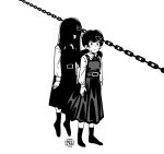  2girls artist_name bangs black_hair chain chainsaw_man dress fourth_east_high_school_uniform greyscale impaled long_hair looking_to_the_side low_twintails mitaka_asa monochrome multiple_girls neck_ribbon osulan pinafore_dress ribbon school_uniform simple_background standing sweat sweatdrop twintails white_background yoru_(chainsaw_man) 