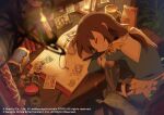  1girl bag bangs blue_dress book bow brown_hair candle cardinal_(ragnarok_online) chair closed_eyes closed_mouth coin commentary_request cross dress feet_out_of_frame long_sleeves open_book pocket_watch potion ragnarok_online short_hair side_slit sleeping sleeve_bow smile solo susabino_tabito table treasure_chest watch white_bow 