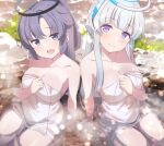  2girls arm_support blue_archive blue_eyes blush breasts closed_mouth collarbone halo highres large_breasts light_blush light_particles long_hair looking_at_viewer multiple_girls naked_towel noa_(blue_archive) onsen open_mouth partially_submerged purple_eyes purple_hair shiitake_taishi sitting smile towel water white_hair white_towel yuuka_(blue_archive) 