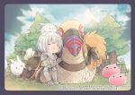  1girl :&lt; :d animal armor armored_boots bag bangs bird boots border breastplate brown_cape cape chainmail closed_eyes commentary_request cross eclipse_(ragnarok_online) full_body gauntlets grey_border knight_(ragnarok_online) lunatic_(ragnarok_online) open_mouth oversized_animal pauldrons peco_peco pine_tree poporing poring rabbit ragnarok_online reins saddle shinonome_moegi short_hair shoulder_armor slime_(creature) smile tree white_hair 