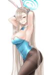  1girl absurdly_long_hair animal_ears armpits arms_up asuna_(blue_archive) asuna_(bunny)_(blue_archive) bangs bare_shoulders blue_archive blue_bow blue_bowtie blue_eyes blue_leotard blue_ribbon blush bow bowtie breasts brown_pantyhose commentary_request cowboy_shot detached_collar fake_animal_ears from_side grin hair_ribbon hairband halo highres large_breasts leotard light_brown_hair long_hair looking_at_viewer looking_to_the_side official_alternate_costume pantyhose playboy_bunny rabbit_ears ribbon simple_background smile solo standing swept_bangs teeth thighband_pantyhose tsukumo_momo very_long_hair white_background white_hairband 