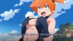 1girl bare_shoulders black_gloves black_one-piece_swimsuit blue_sky breasts cloud covering covering_breasts english_commentary fingerless_gloves gloves green_eyes hands_on_own_breasts highres looking_at_another misty_(pokemon) mountain navel one-piece_swimsuit orange_hair pokemon pokemon:_the_electric_tale_of_pikachu rectangular_mouth side_ponytail sky slingshot_swimsuit solo swimsuit threetwigs underboob upper_body v-shaped_eyebrows 