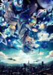  1boy aircraft blue_eyes blue_hair blue_theme candy cityscape cloud colored_pencil crayon floating food hat holding holding_pencil hot_air_balloon konpeitou male_focus maple_(cyakapon) original pencil pixiv-tan planet saturn_(planet) shoes short_hair sketchbook sky solo star_(sky) starry_sky upside-down 