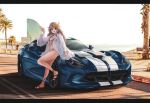  1girl :d absurdres alternate_costume beach bikini blonde_hair breasts car city dodge_viper empress_(last_origin) feet grey_hair ground_vehicle hand_up highres large_breasts last_origin legs long_hair looking_at_viewer motor_vehicle multicolored_hair nougat_(73r1r1) official_alternate_costume open_mouth palm_tree parking_lot purple_eyes sandals smile solo streaked_hair swimsuit toes tree 