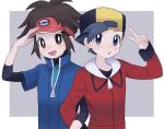  2boys :d :o backwards_hat black_hair black_shirt blue_jacket bodysuit bodysuit_under_clothes bright_pupils brown_eyes brown_hair commentary_request ethan_(pokemon) hand_up hat highres jacket locked_arms long_sleeves looking_at_viewer male_focus multiple_boys nate_(pokemon) open_mouth pokemon pokemon_(game) pokemon_bw2 pokemon_hgss red_jacket sana_(37pisana) shirt short_hair short_sleeves smile upper_body v white_pupils zipper_pull_tab 