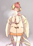  1girl animal animal_on_head bird bird_on_head bird_wings blonde_hair blush breath chick coat dress feathered_wings feet_out_of_frame grey_background long_sleeves mittens multicolored_hair niwatari_kutaka on_head orange_dress pantyhose rangycrow red_eyes red_hair red_scarf scarf short_hair simple_background solo touhou two-tone_hair white_coat white_pantyhose wings yellow_mittens yellow_wings 