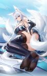  1girl :o absurdres animal_ear_fluff animal_ears ass azur_lane bare_shoulders blue_eyes breasts bridal_gauntlets choker cleavage elbow_gloves feet foreshortening fox_ears fox_girl fox_tail gloves hair_between_eyes halterneck highres large_breasts legs long_hair lying miniskirt multiple_tails no_shoes official_alternate_costume on_side open_mouth panties race_queen see-through shinano_(azur_lane) shinano_(moonlit_chrome)_(azur_lane) sideboob skirt soles spread_toes stardust_(chen&#039;ai_weiding) tail taut_clothes thighhighs thong toes underwear very_long_hair white_hair 