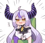  1girl @_@ ahoge black_dress black_horns blush_stickers braid braided_bangs chibi commentary demon_horns detached_sleeves dress english_commentary fangs highres hololive horns kukie-nyan la+_darknesss light_purple_hair long_hair looking_at_viewer multicolored_hair open_mouth pantyhose purple_hair purple_horns purple_pantyhose single_leg_pantyhose sitting sleeve_cuffs sleeveless sleeveless_dress sleeves_past_wrists solo spread_legs streaked_hair striped_horns teeth upper_teeth_only very_long_hair virtual_youtuber white_sleeves yellow_eyes 
