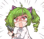  1girl animal_ear_headphones animal_ears bangs blush_stickers cat_ear_headphones chibi commentary delutaya diagonal_bangs dirty dirty_clothes dirty_face dress_shirt drill_hair english_commentary fake_animal_ears green_hair gun hair_ornament handgun headphones highres holding holding_gun holding_weapon indie_virtual_youtuber kukie-nyan long_hair looking_at_viewer multicolored_hair open_mouth shirt solo stitches streaked_hair tassel tassel_hair_ornament twin_drills twintails virtual_youtuber weapon white_sleeves 