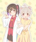  2girls ahoge arm_hug bangs black_hair black_skirt blush bolo_tie brown_eyes commentary double_bun dress grey_hair hair_bun hair_ornament hair_ribbon hair_up hairclip highres labcoat long_sleeves looking_at_viewer macaron_background multicolored_hair multiple_girls official_alternate_hairstyle onii-chan_wa_oshimai! open_mouth outline oyama_mahiro oyama_mihari pink_ribbon pleated_skirt purple_hair red_ribbon red_shirt ribbon seiyu_jelly shirt short_hair siblings simple_background sisters skirt sleeveless sleeveless_dress smile streaked_hair twintails two-tone_hair v wavy_mouth white_outline wing_collar yellow_background yellow_dress 