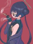  1girl black_dress black_gloves black_hair blue_archive breasts china_dress chinese_clothes cigar coat commentary_request double_bun dress gloves green_eyes hair_bun halo highres holding holding_cigar kisaki_(blue_archive) long_hair long_sleeves looking_at_viewer multicolored_hair open_clothes open_coat purple_hair red_background round_eyewear signalviolet simple_background sketch small_breasts smoke smoking solo striped striped_coat twintails upper_body very_long_hair 
