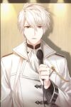  1boy bangs cheritz high_collar holding holding_microphone lapels long_hair long_sleeves lower_teeth_only male_focus microphone official_art open_mouth ponytail red_eyes solo susanghan_messenger teeth third-party_source upper_body white_hair zen_(susanghan_messenger) 