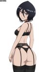  1girl absurdres ass black_bra black_choker black_hair black_panties black_thighhighs bleach blue_eyes bra choker garter_straps highres kuchiki_rukia lingerie looking_back mistowing panties short_hair simple_background smile solo thighhighs underwear v-shaped_eyebrows white_background 