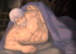  1boy abs anderson_(granblue_fantasy) anntee bangs bara beard bed bed_invitation black_male_underwear come_hither facial_hair granblue_fantasy grey_hair highres large_pectorals looking_at_viewer lying male_focus male_underwear mature_male muscular muscular_male mustache navel nipples old old_man on_bed on_side pectorals red_eyes short_hair smile solo teeth topless_male underwear underwear_only 
