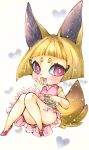  1girl animal_ears bangs blonde_hair blunt_bangs blush bob_cut chibi commentary_request convenient_leg flat_chest fox_ears fox_girl fox_tail frilled_kimono frills full_body hand_to_own_mouth hands_up happy heart heart_background highres japanese_clothes kimono knees_together_feet_apart knees_up kon-tan legs light_blush looking_at_viewer mofu_(moffuri_sippo) obi open_mouth pink_kimono purple_eyes purple_footwear sash shoes short_hair sidelocks sitting sleeveless sleeveless_kimono smile solo tail thighs traditional_media white_background youkai_watch 