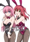  animal_ears bangs blue_eyes blush bocchi_the_rock! breasts cleavage cube_hair_ornament detached_collar embarrassed fishnet_pantyhose fishnets gotou_hitori green_eyes hair_between_eyes hair_ornament hands_on_another&#039;s_shoulders happy_new_year inui_sekihiko kita_ikuyo long_hair medium_breasts one_side_up pantyhose playboy_bunny rabbit_ears small_breasts smile v 