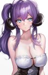  1girl au_ra avatar_(ff14) bangs bare_shoulders blue_eyes blush breasts cleavage commission cyobiro dragon_girl dragon_horns final_fantasy final_fantasy_xiv horns large_breasts long_hair looking_at_viewer purple_hair side_ponytail sidelocks skeb_commission solo upper_body white_background 